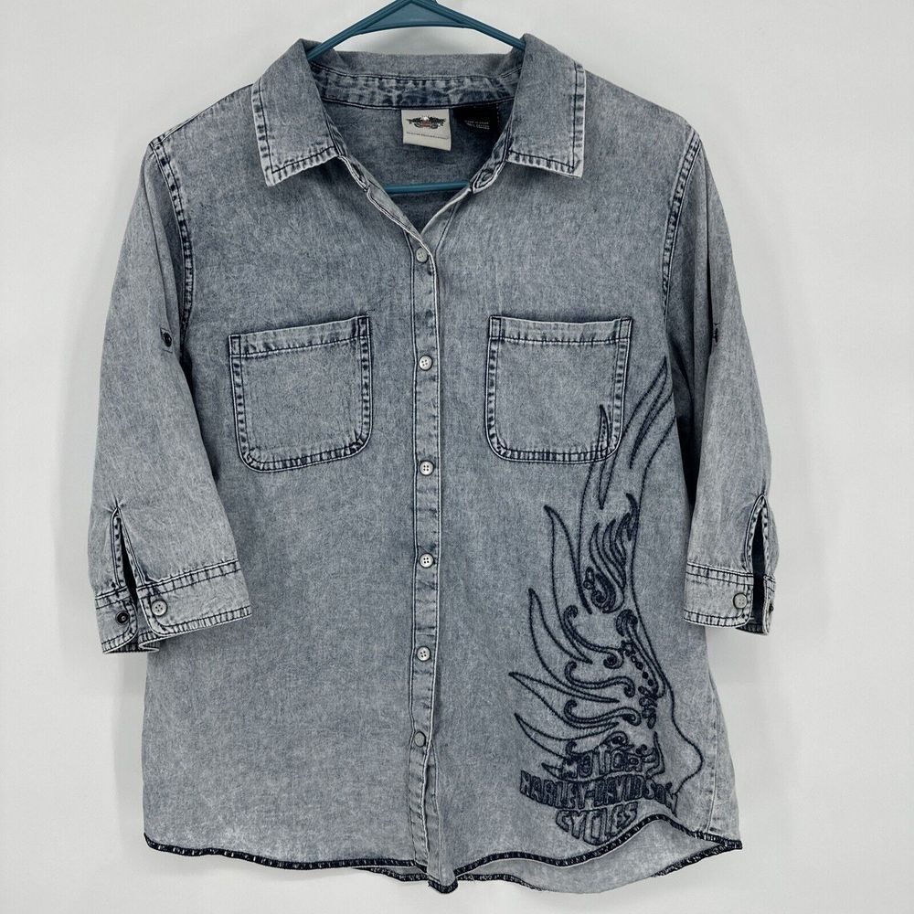 Harley-Davidson Blue Denim Pearl Snap Western Button‎ Up Shirt Womens Wings Logo